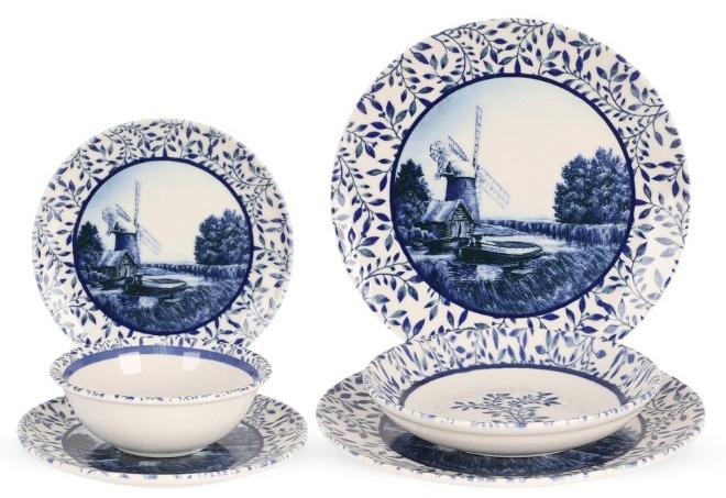 Cooker Cooker Dinner Set ,24 Pieces for 6 Persons, Fine Porcelain, Made in Turkey, Traditional Dutch Windmill Design - Classic Cobalt Blue - Image 1