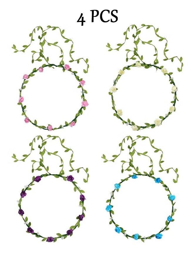 HY 4 Pcs Set of Rose Flower Crown Headbands, Bohemian Style Wedding Bride Bridal Headwear Party Festivals Hair Accessories (Pink, Blue, Purple, White) - Image 1