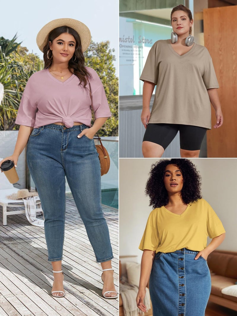 ATHMILE Loose Fit Womens Oversized T Shirts V Neck Tees Half Sleeve Cozy Comfy Tunic 2026 Y2K Tops Casual Khaki - Image 4