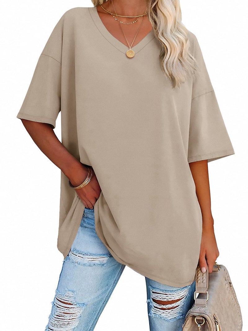 ATHMILE Loose Fit Womens Oversized T Shirts V Neck Tees Half Sleeve Cozy Comfy Tunic 2026 Y2K Tops Casual Khaki - Image 1