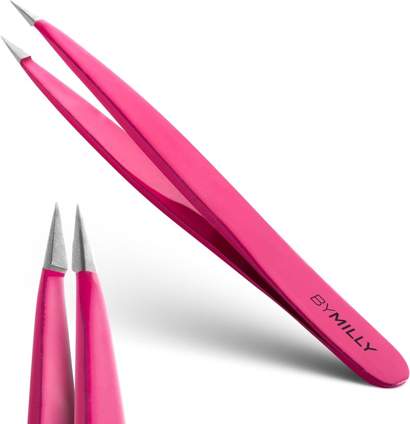 By MILLY Pointed Tweezers - Hammer Forged 100% German Steel, Point-Tip Precision Tweezers for Ingrown Hair, Eyebrows, Facial Hair, Splinters, Glass Removal - Perfectly Aligned, Hand-Filed - Pink - Image 1
