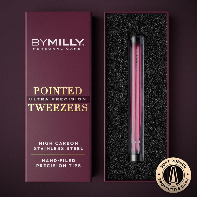 By MILLY Pointed Tweezers - Hammer Forged 100% German Steel, Point-Tip Precision Tweezers for Ingrown Hair, Eyebrows, Facial Hair, Splinters, Glass Removal - Perfectly Aligned, Hand-Filed - Pink - Image 2