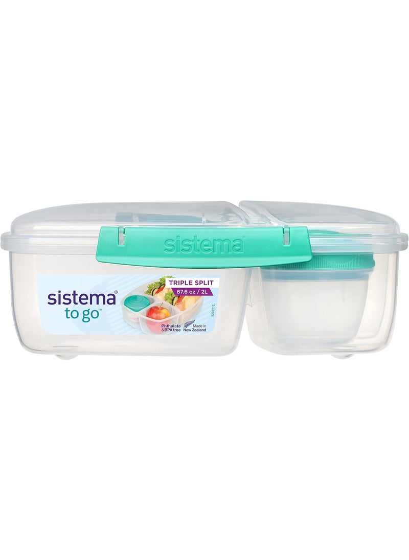 Triple Split Lunch Box with Yoghurt Pot | 2L Air-Tight and Stackable Food Storage Container | BPA-Free