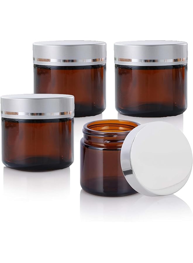 Amber Glass Jars, 4-Pack Glass Jars with Lids, Lotion Container with Silver Lid For Body Butter, Ointment, Lotion, etc (Silver lid, 4 oz)