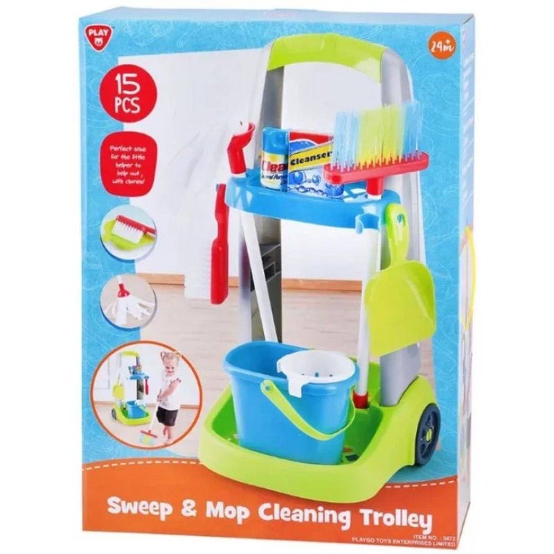 PlayGo Sweep & Mop Cleaning Trolley Playset (15 Pieces) - Image 1