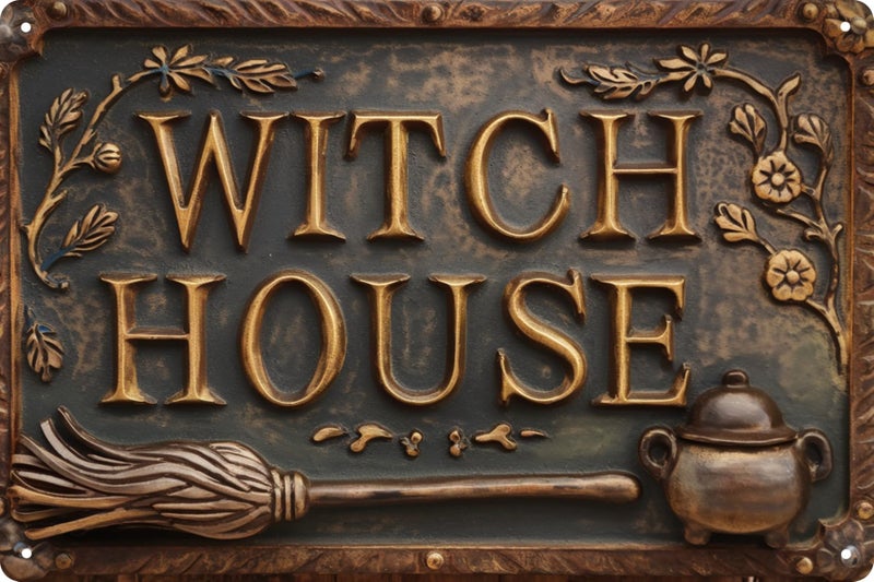 QIXFGUL Witch House Vintage Metal Sign Decor Plaque 8x12 in Funny Retro Poster for Garage Porch Cafe Bar Woman Cave Living Room Garden Shop Wall Decor Gift for Halloween - Image 1