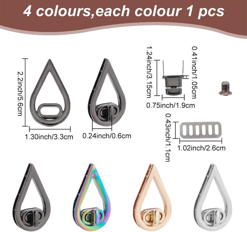 klarako 4 Colors Purse Twist Lock Clasps, Metal Handbag Clutches Closures Teardrop Shape Bag Turn Locks Fasteners Metal Hardware Clip Buckles with Flip Cover DIY Craft Shoulder Bag Making Accessories - Image 2