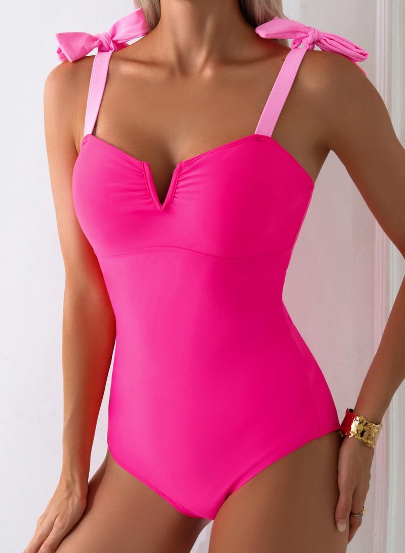 Aleumdr 2026 Women's One Piece Bathing Suit Color Block Swimsuit Tummy Control Swimwear V Neck Adjustable Straps Monokini Slimming Modest Swimwear Rose Red Large - Image 2