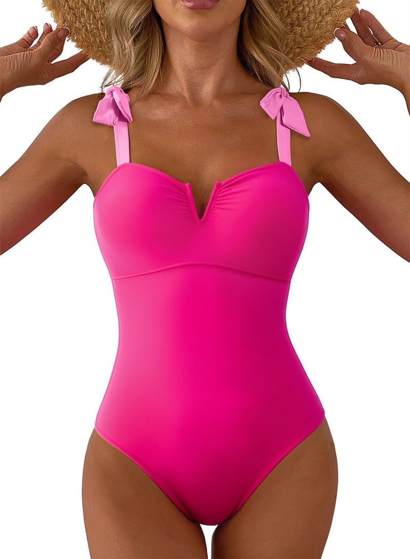 Aleumdr 2026 Women's One Piece Bathing Suit Color Block Swimsuit Tummy Control Swimwear V Neck Adjustable Straps Monokini Slimming Modest Swimwear Rose Red Large - Image 1