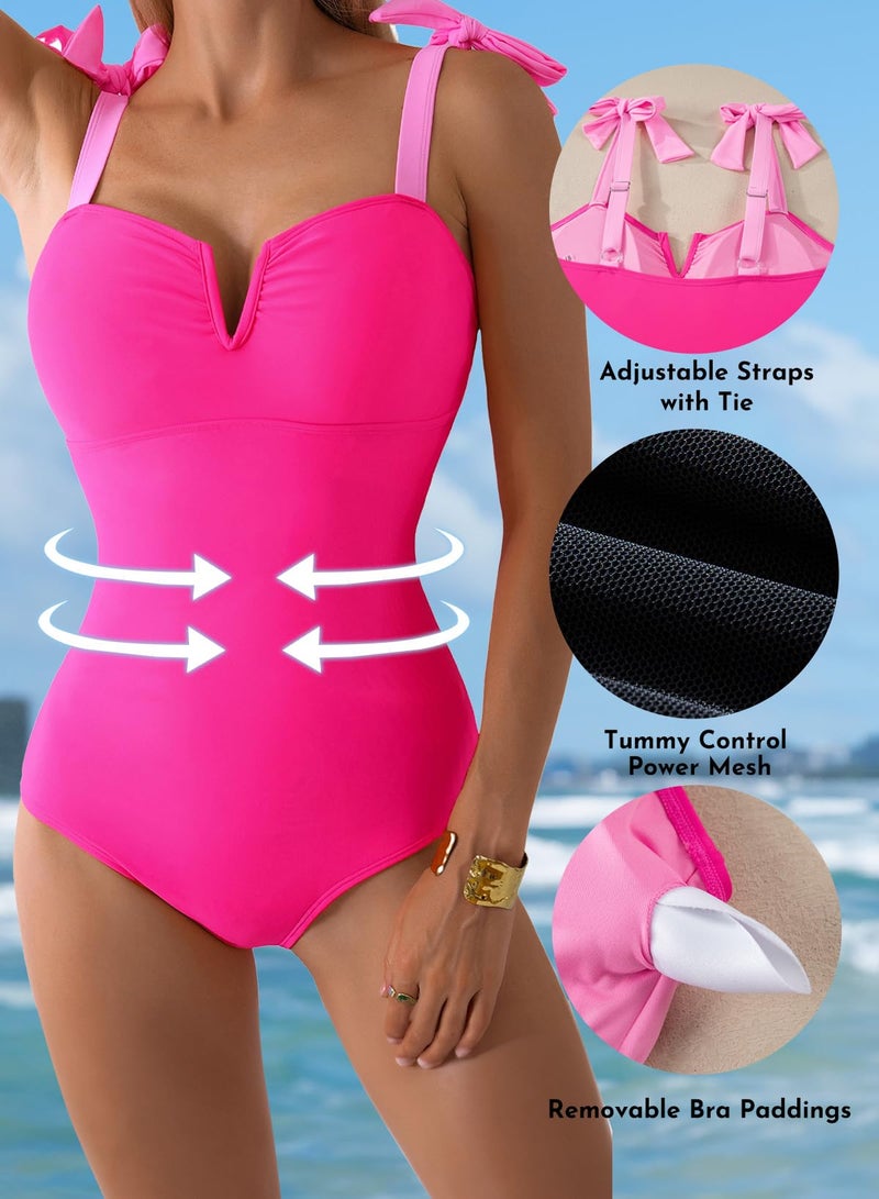 Aleumdr 2026 Women's One Piece Bathing Suit Color Block Swimsuit Tummy Control Swimwear V Neck Adjustable Straps Monokini Slimming Modest Swimwear Rose Red Large - Image 5