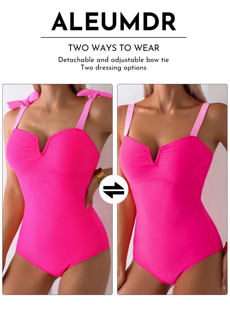 Aleumdr 2026 Women's One Piece Bathing Suit Color Block Swimsuit Tummy Control Swimwear V Neck Adjustable Straps Monokini Slimming Modest Swimwear Rose Red Large - Image 4