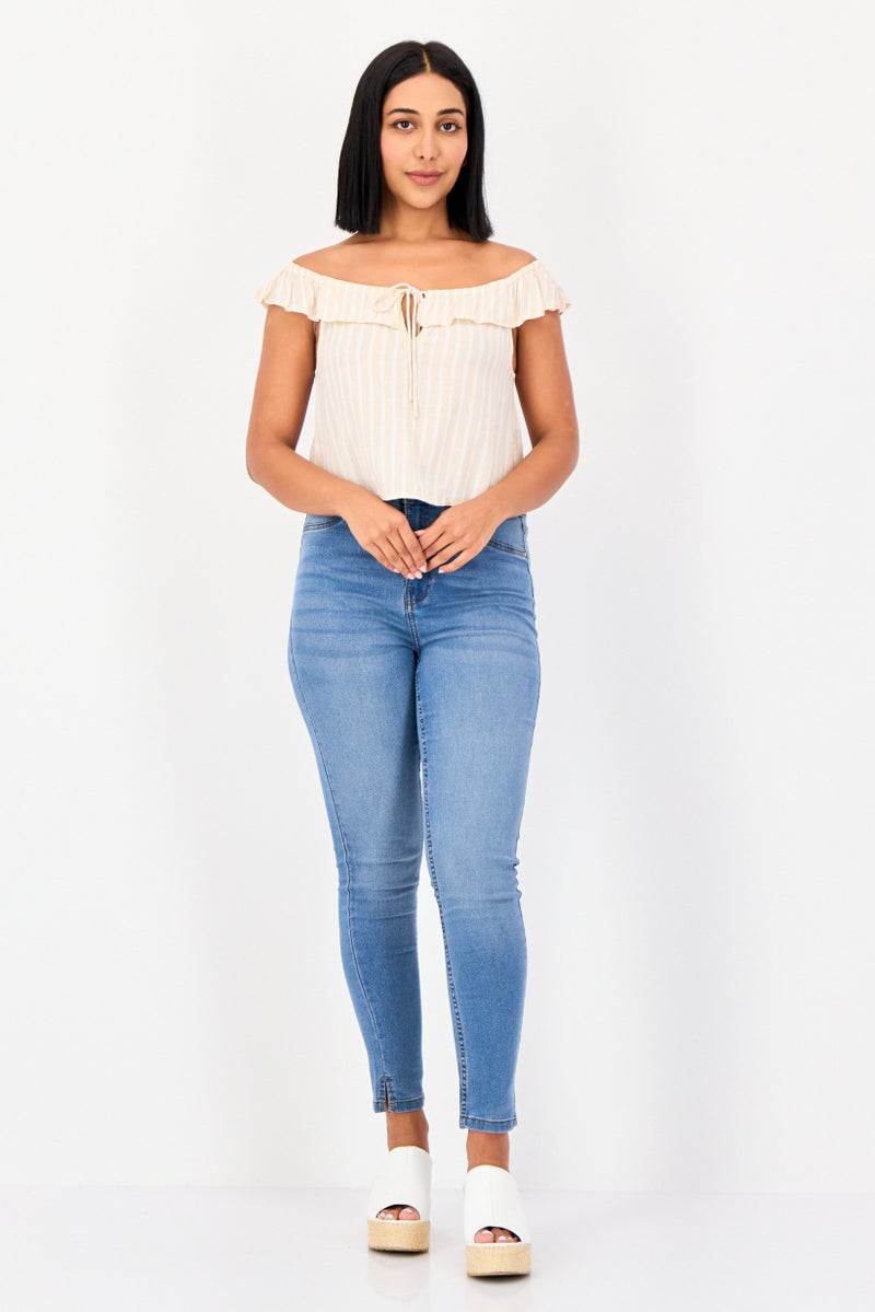 Billabong Women Off Shoulder Ruffle Sleeve Stripe Top, Multicolor - Image 4