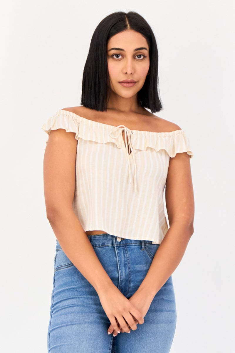 Billabong Women Off Shoulder Ruffle Sleeve Stripe Top, Multicolor - Image 1