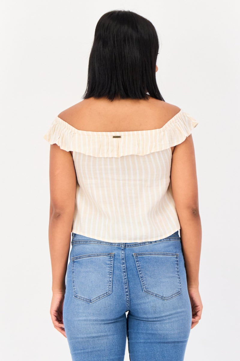 Billabong Women Off Shoulder Ruffle Sleeve Stripe Top, Multicolor - Image 3