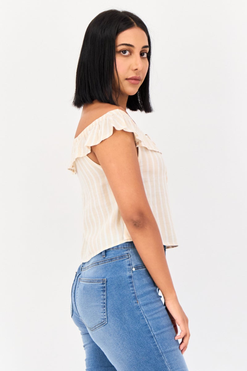 Billabong Women Off Shoulder Ruffle Sleeve Stripe Top, Multicolor - Image 2