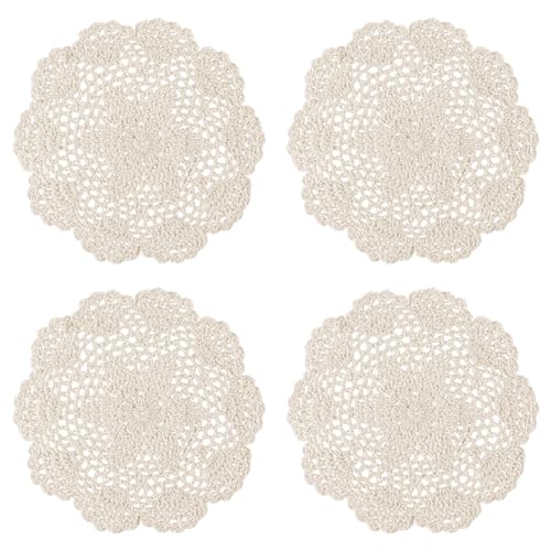 WLLHYF 4 Pack Vintage Crochet Doilies 8 Inches Round Cotton Handmade Lace Placemats Crafts Tables Food Bulk Doily Cloth Set Corrugated Edge for Wedding Birthday, Beige - Image 1