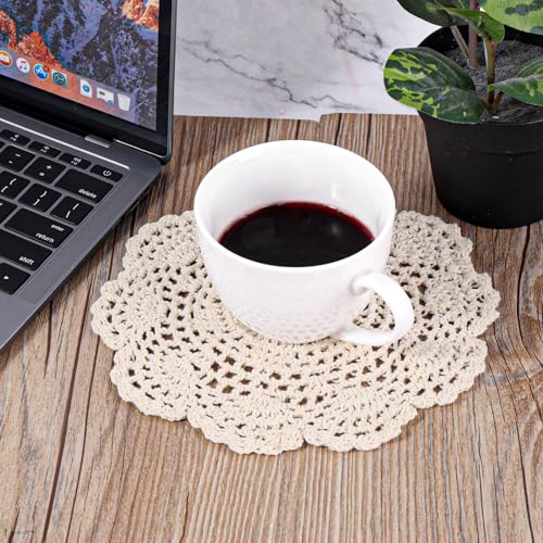 WLLHYF 4 Pack Vintage Crochet Doilies 8 Inches Round Cotton Handmade Lace Placemats Crafts Tables Food Bulk Doily Cloth Set Corrugated Edge for Wedding Birthday, Beige - Image 4