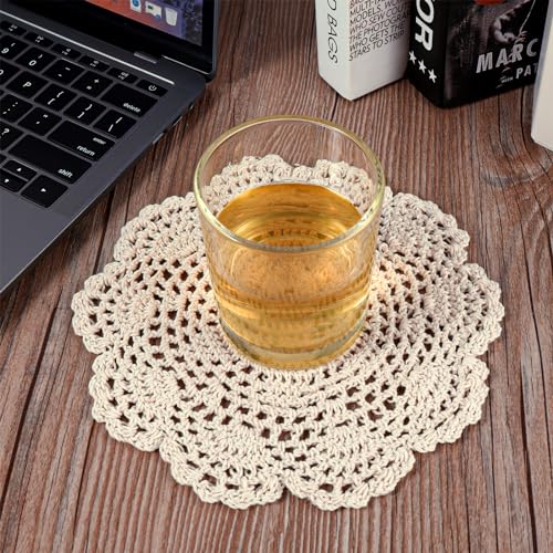 WLLHYF 4 Pack Vintage Crochet Doilies 8 Inches Round Cotton Handmade Lace Placemats Crafts Tables Food Bulk Doily Cloth Set Corrugated Edge for Wedding Birthday, Beige - Image 5