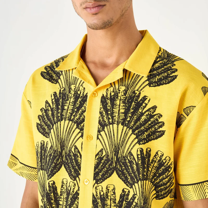 Splash FAV Relaxed Fit Leaf Print Shirt with Camp Collar