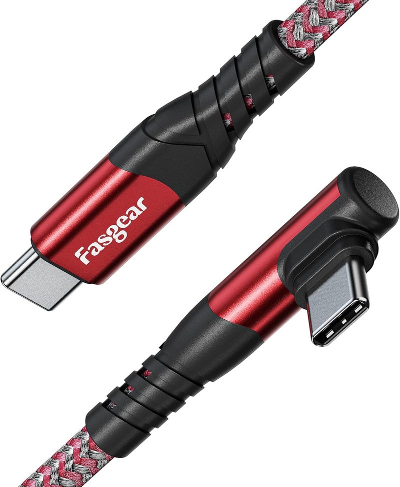 Fasgear USB C to USB C cable, 1.8m 60W Type C to Type C Right Angle 90 Degree, PD Fast Charging Charger Lead Compatible for Galaxy S22 S21 S20 Mac-Book i-Pad Pro i-Pad Air (6ft, Red) - Image 1