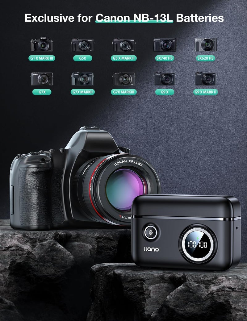 llano بطاريات وشاحن llano 2-Pack NB-13L لكاميرات كانون G7X، G7X Mark III، G7X Mark II، PowerShot SX740 HS، G5X Mark II، G9X Mark II، SX620HS، SX720HS، فتحة مزدوجة، PD 18W، شاشة ذكية، غطاء مغناطيسي قابل للإغلاق - Image 4