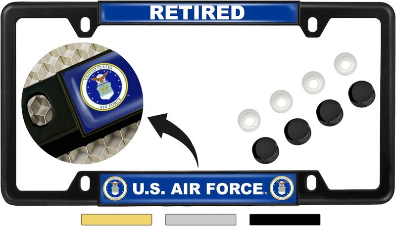BestLicensePlateFrames U.S. Air Force Retired Domed Metal License Plate Frame with Free Caps - Image 1