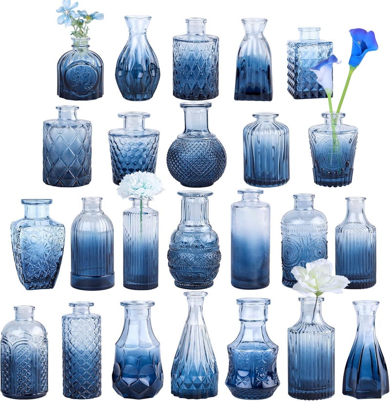 TBWIND 24Pcs Blue Glass Bud Vases Set, Small Vases for Flowers, Perfect for Centerpieces at Parties, Baby Showers, Weddings, Events, Graduation Season, Great Gifts for Office & Home Décor - Image 1