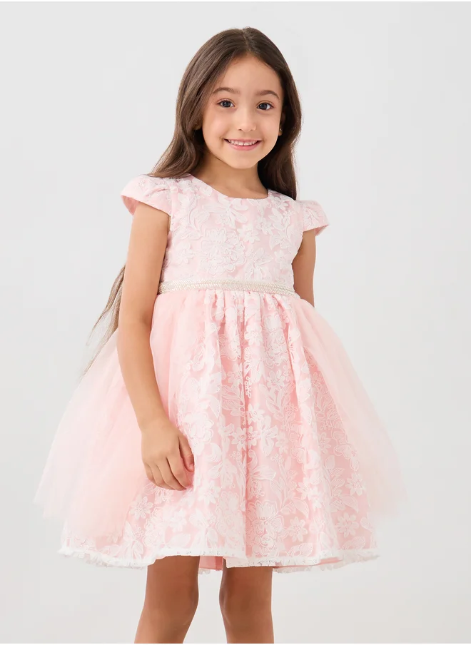 Styli Embellished Lace Fit and Flare Dress
