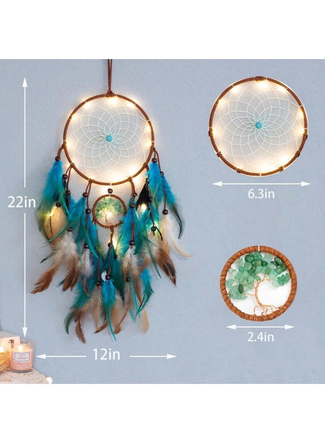 WOW DING Dream Catcher Blue Tree of Life with Feathers, Mobile LED Fairy Lights Handmade Indians Traditional Circular Net for Wall Hanging Decor, Bedroom Kids, Home Decoration Wedding Party Blessing Gift - Image 4