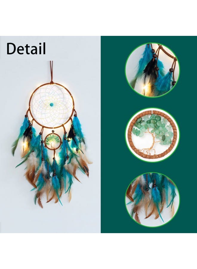 WOW DING Dream Catcher Blue Tree of Life with Feathers, Mobile LED Fairy Lights Handmade Indians Traditional Circular Net for Wall Hanging Decor, Bedroom Kids, Home Decoration Wedding Party Blessing Gift - Image 2