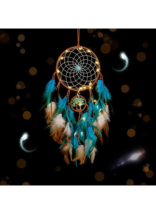 WOW DING Dream Catcher Blue Tree of Life with Feathers, Mobile LED Fairy Lights Handmade Indians Traditional Circular Net for Wall Hanging Decor, Bedroom Kids, Home Decoration Wedding Party Blessing Gift - Image 5