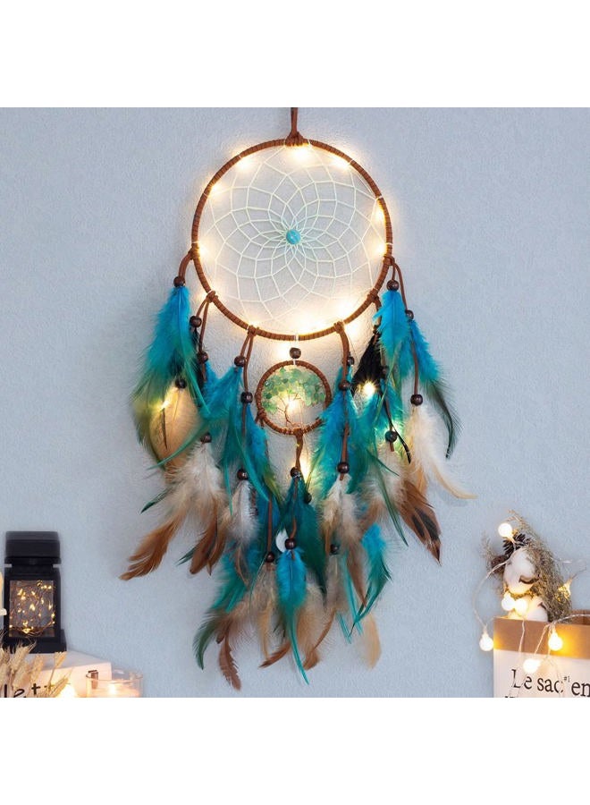 WOW DING Dream Catcher Blue Tree of Life with Feathers, Mobile LED Fairy Lights Handmade Indians Traditional Circular Net for Wall Hanging Decor, Bedroom Kids, Home Decoration Wedding Party Blessing Gift - Image 1