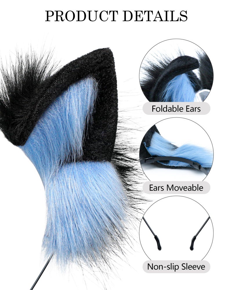 BNLIDES Handmade Fur Fox Wolf Cat Ears Headwear Women Men Cosplay Costume Party Cute Head Accessories for Halloween (Blue Black) - Image 2