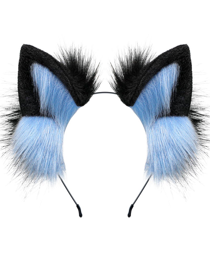 BNLIDES Handmade Fur Fox Wolf Cat Ears Headwear Women Men Cosplay Costume Party Cute Head Accessories for Halloween (Blue Black) - Image 1