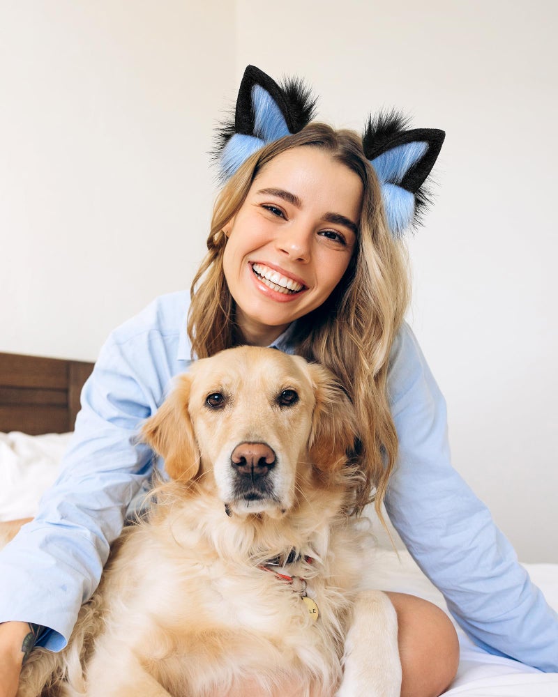 BNLIDES Handmade Fur Fox Wolf Cat Ears Headwear Women Men Cosplay Costume Party Cute Head Accessories for Halloween (Blue Black) - Image 4