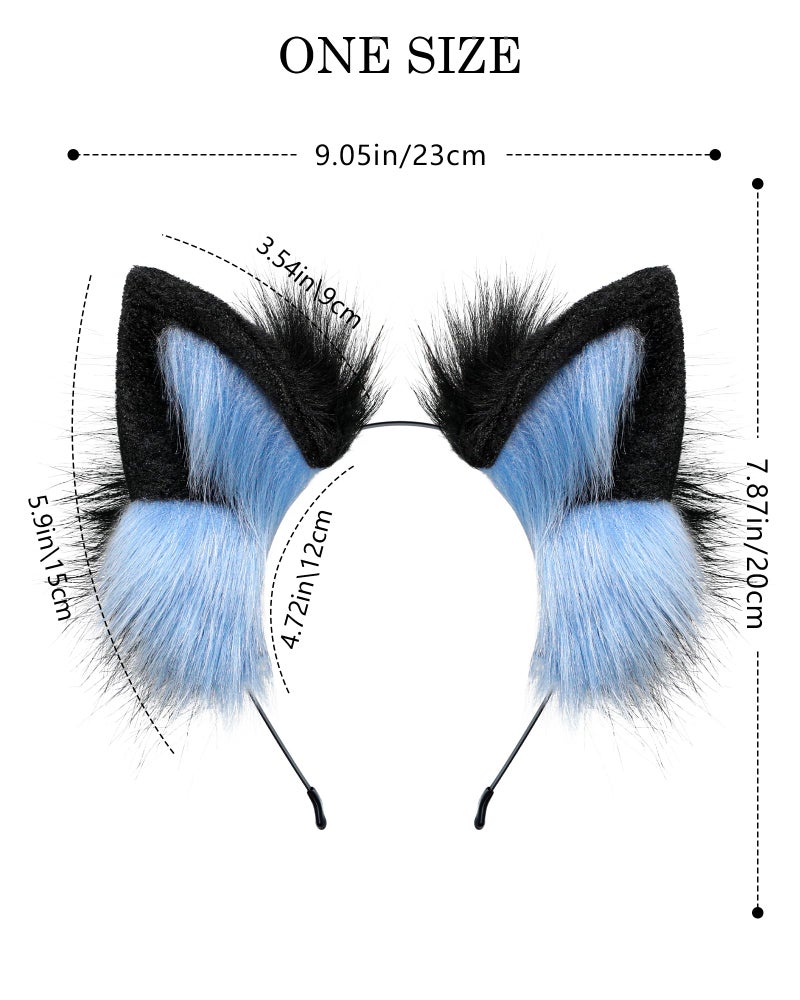 BNLIDES Handmade Fur Fox Wolf Cat Ears Headwear Women Men Cosplay Costume Party Cute Head Accessories for Halloween (Blue Black) - Image 3