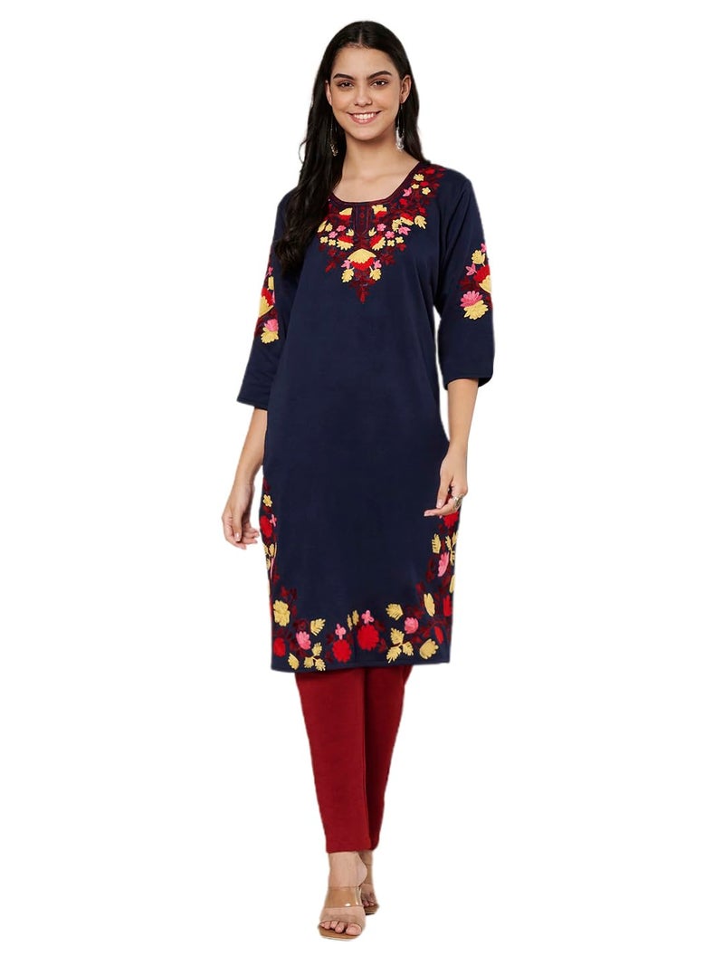 TREND LEVEL Winter Warm Woolen Embroidery Kurta/Kurti for Women's (Multi Flower) (in, Alpha, S, Hand by Flower_Navy- Off White) - Image 1