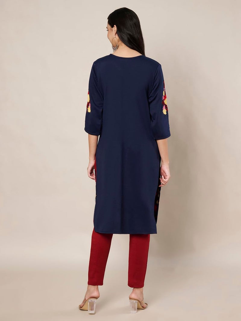 TREND LEVEL Winter Warm Woolen Embroidery Kurta/Kurti for Women's (Multi Flower) (in, Alpha, S, Hand by Flower_Navy- Off White) - Image 3