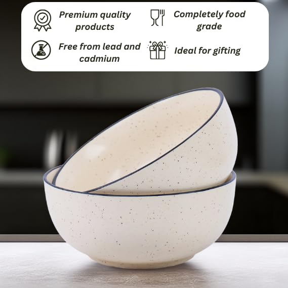 Niyara Ceramic Printed Bowl Set of 2 | Premium Serving Bowls for Snacks, Soup & Desserts | Microwave & Dishwasher Safe (White with Black Border) - Image 3