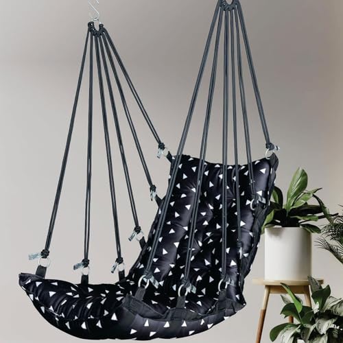 JULJULIA Swing for Balcony Comfortable Cotton Swing Relaxing Jhula for Adults for Home Indoor Outdoor Hanging Seat for Apartment Patio Terrace Garden- 200 kg Weight Capacity - Plain 3D Black - Image 1