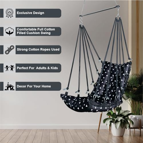 JULJULIA Swing for Balcony Comfortable Cotton Swing Relaxing Jhula for Adults for Home Indoor Outdoor Hanging Seat for Apartment Patio Terrace Garden- 200 kg Weight Capacity - Plain 3D Black - Image 5