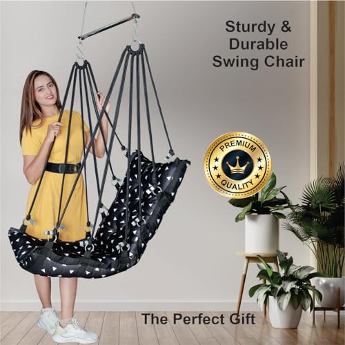 JULJULIA Swing for Balcony Comfortable Cotton Swing Relaxing Jhula for Adults for Home Indoor Outdoor Hanging Seat for Apartment Patio Terrace Garden- 200 kg Weight Capacity - Plain 3D Black - Image 4