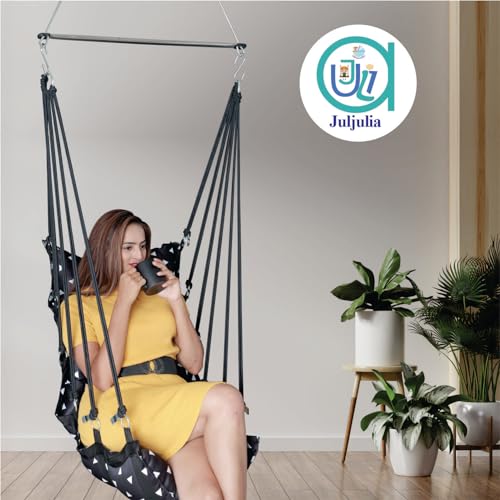 JULJULIA Swing for Balcony Comfortable Cotton Swing Relaxing Jhula for Adults for Home Indoor Outdoor Hanging Seat for Apartment Patio Terrace Garden- 200 kg Weight Capacity - Plain 3D Black - Image 2
