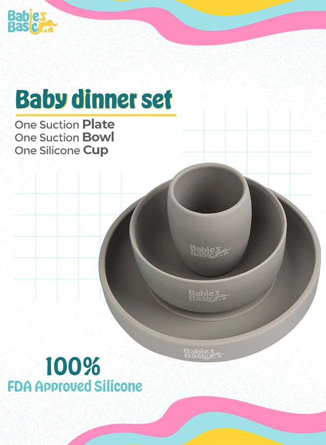 Babies Basic Silicone Plate, Bowl & Cup- Grey