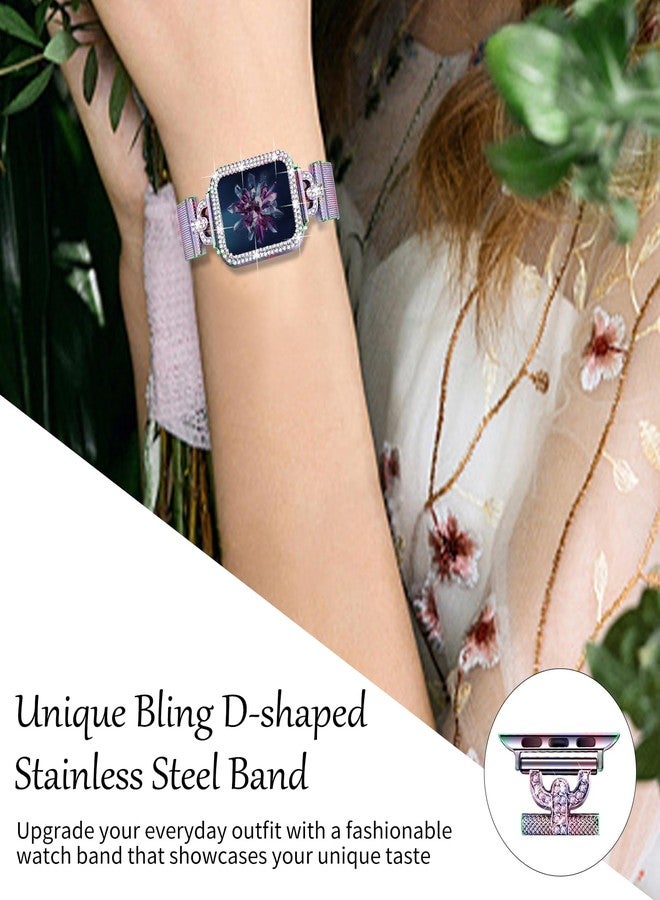 جويوزي سوار جويوزي مغناطيسي متوافق مع سوار ساعة أبل مقاس 38 مم، 40 مم، 41 مم، 42 مم، 44 مم، 45 مم، 46 مم، سوار ميلانيز مع غطاء مرصع وواقي شاشة، حلقة أنيقة من الفولاذ المقاوم للصدأ لساعة أبل للنساء (قوس قزح) - Image 3