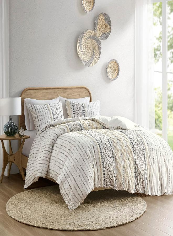 Ink+Ivy INK+IVY Imani 100% Cotton Duvet Mid Century Modern Design, All Season Comforter Cover Bedding Set, Matching Shams, King/Cal King, Ivory Chenille Tufted Accent 3 Piece  - Image 1