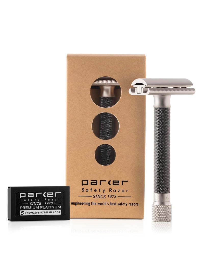 Parker Safety Razor The Parker Variant Adjustable Double Edge Safety Razor Customize your Shave with a Turn of the Dial from Mild to Aggressive  5 Blades Included GRAPHITE GRAY 