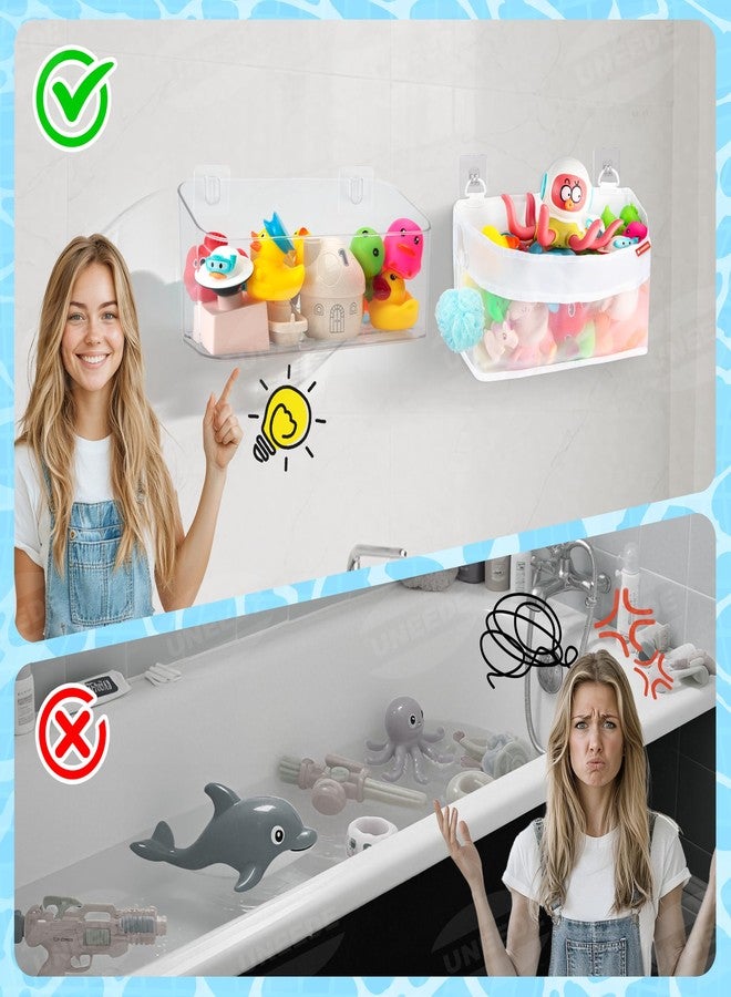 UNEEDE 2 Pack Bath Toy Storage Organizer,Plastic & Nylon Bath Toy Holder for Bathroom,Quick Dry Mesh Shower Caddy,Large Capacity Bathtub Storage with Drain Holes,Easy to Install and Clean - Image 3