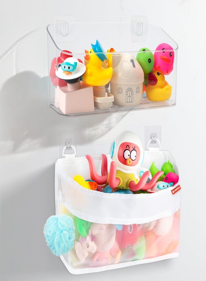 UNEEDE 2 Pack Bath Toy Storage Organizer,Plastic & Nylon Bath Toy Holder for Bathroom,Quick Dry Mesh Shower Caddy,Large Capacity Bathtub Storage with Drain Holes,Easy to Install and Clean - Image 1