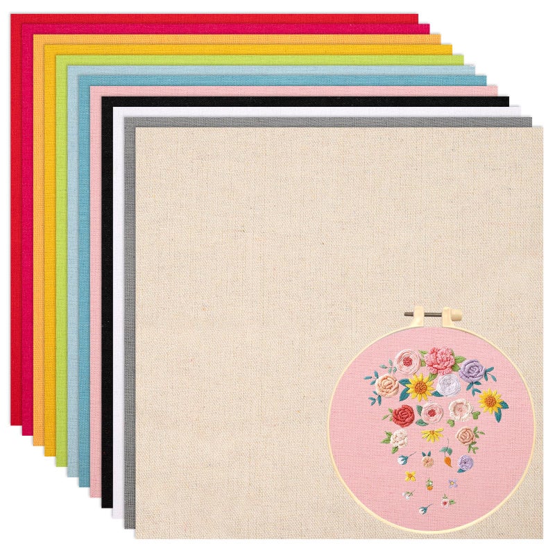 Nitelemn 12 Sheets 12 Colors Linen Embroidery Fabric, Pre-Cut Natural Needlework Cloth Fabric, Embroidery Cloth Squares for Garment Craft (7.8x7.8Inch) - Image 1